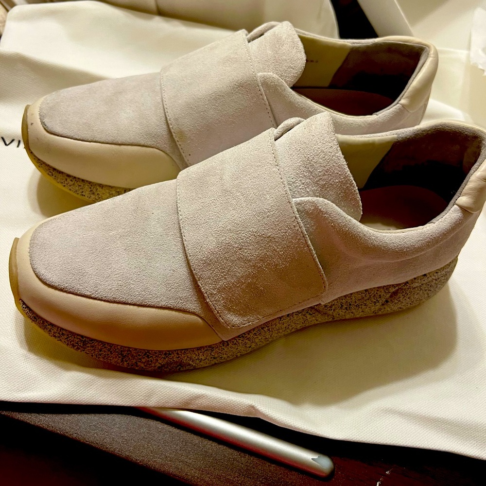 Vince slip on white suede speckled platform heel w/adjustable wrap over closure